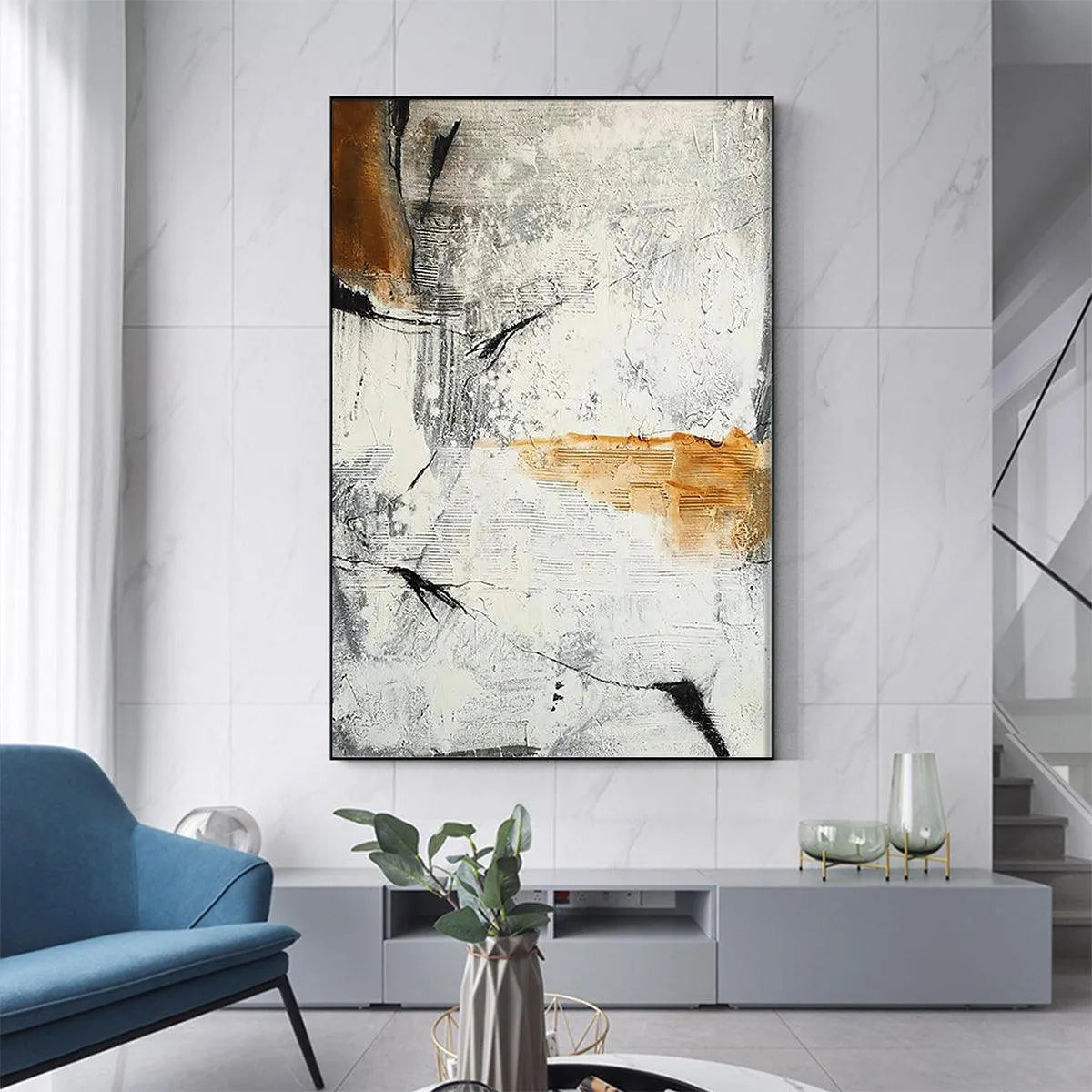 TEXTURED ABSTRACT IN BROWN AND WHITE: Modern Abstract Painting, Vertical Wall Art