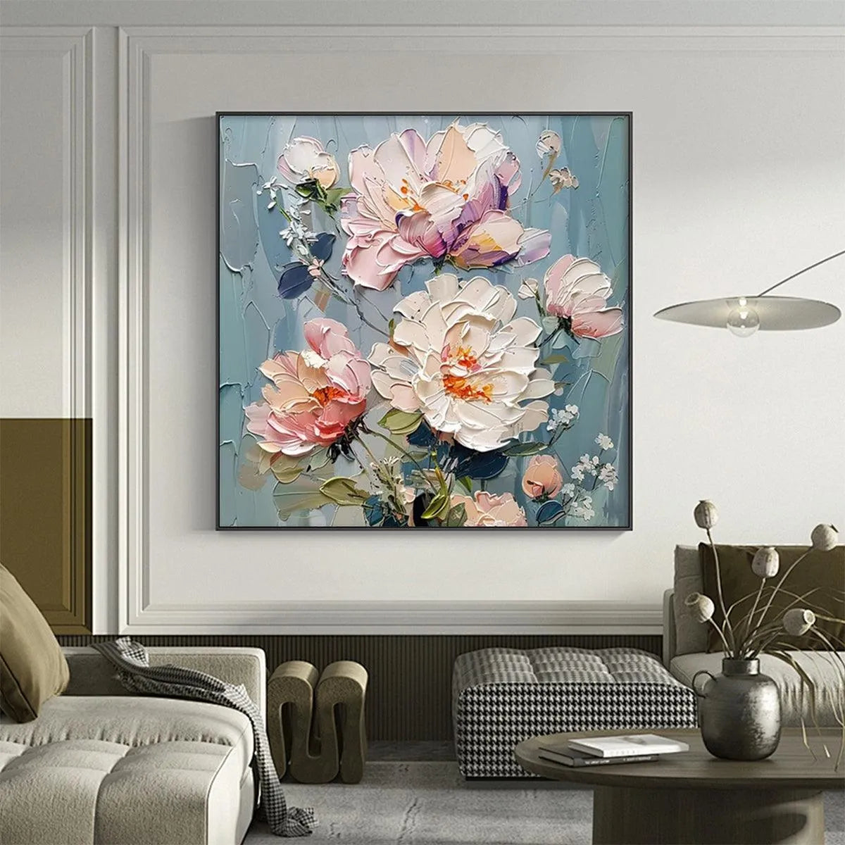 PASTEL PEONIES: Textured Peony Painting, Impasto Floral Wall Art, Square Canvas, Romantic Decor