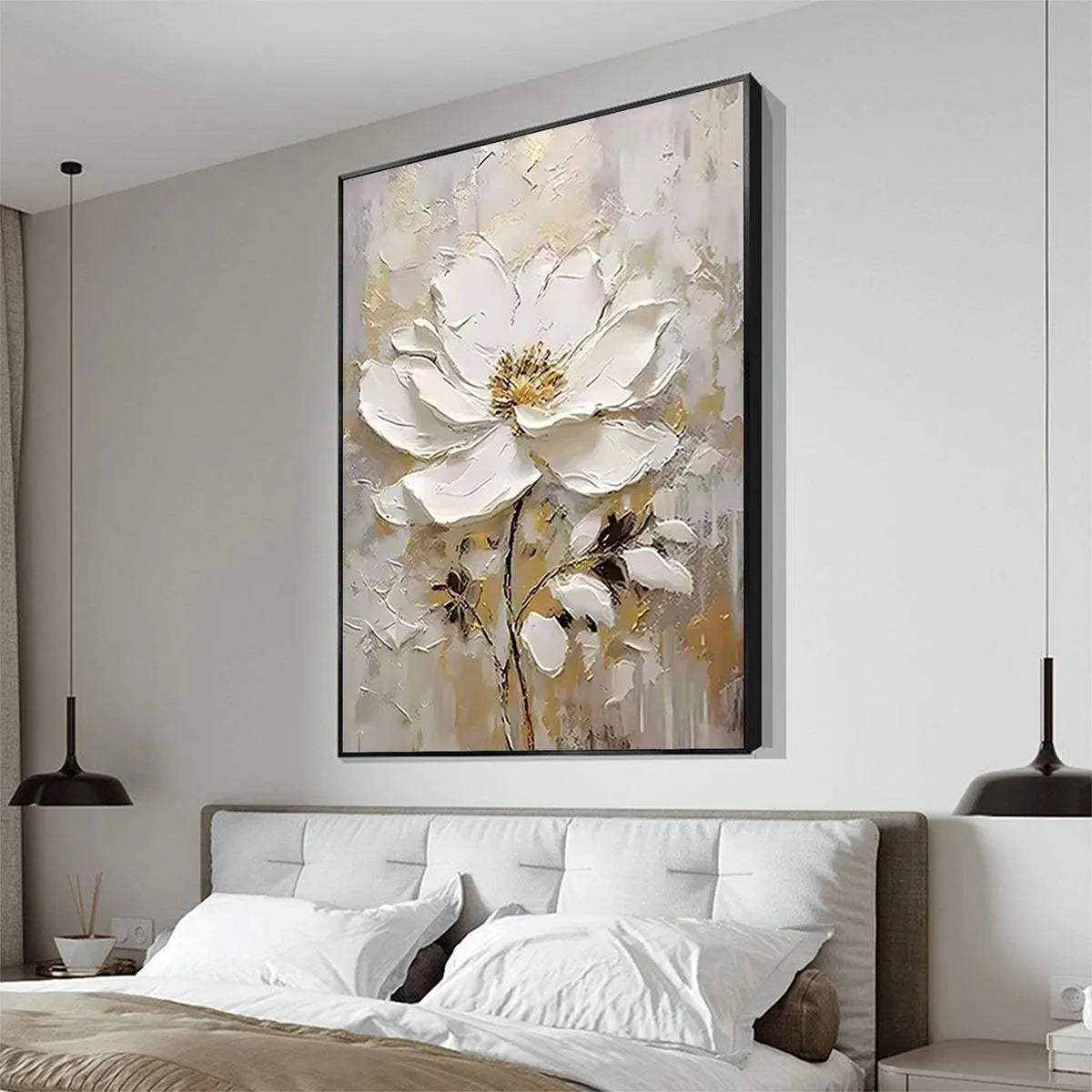 WHITE BLOSSOM: Textured White Floral Painting, Impasto Wall Art, Vertical Canvas, Romantic Decor