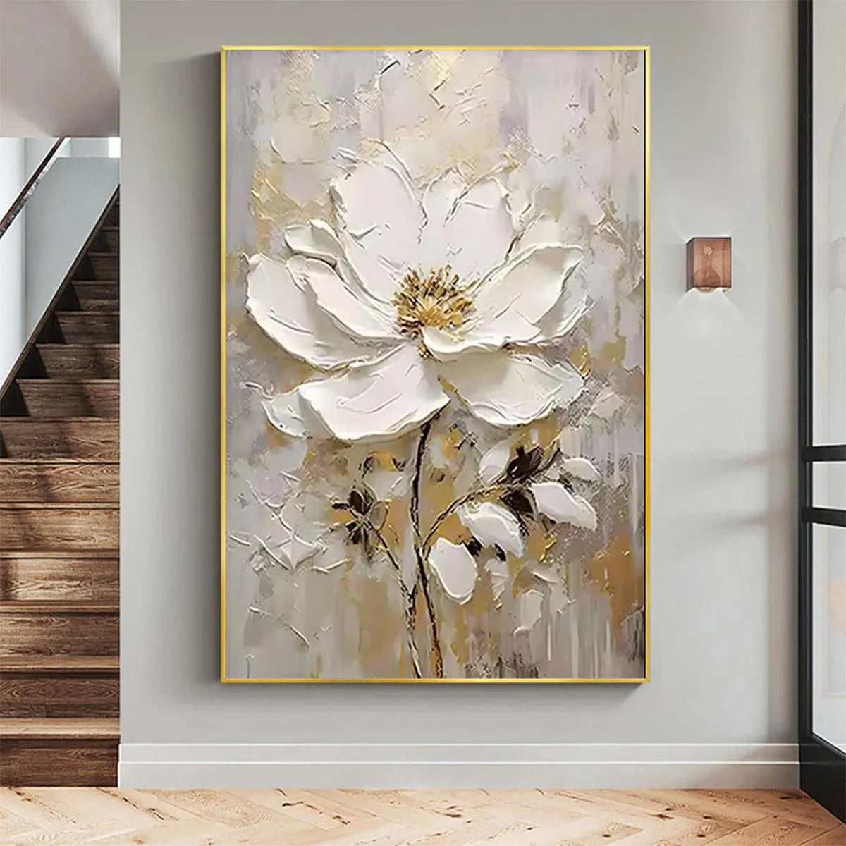 WHITE BLOSSOM: Textured White Floral Painting, Impasto Wall Art, Vertical Canvas, Romantic Decor