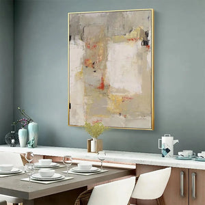 Neutral Abstraction painting by Javier Ramirez, vertical wall art with gold frame, modern home decor in neutral tones.