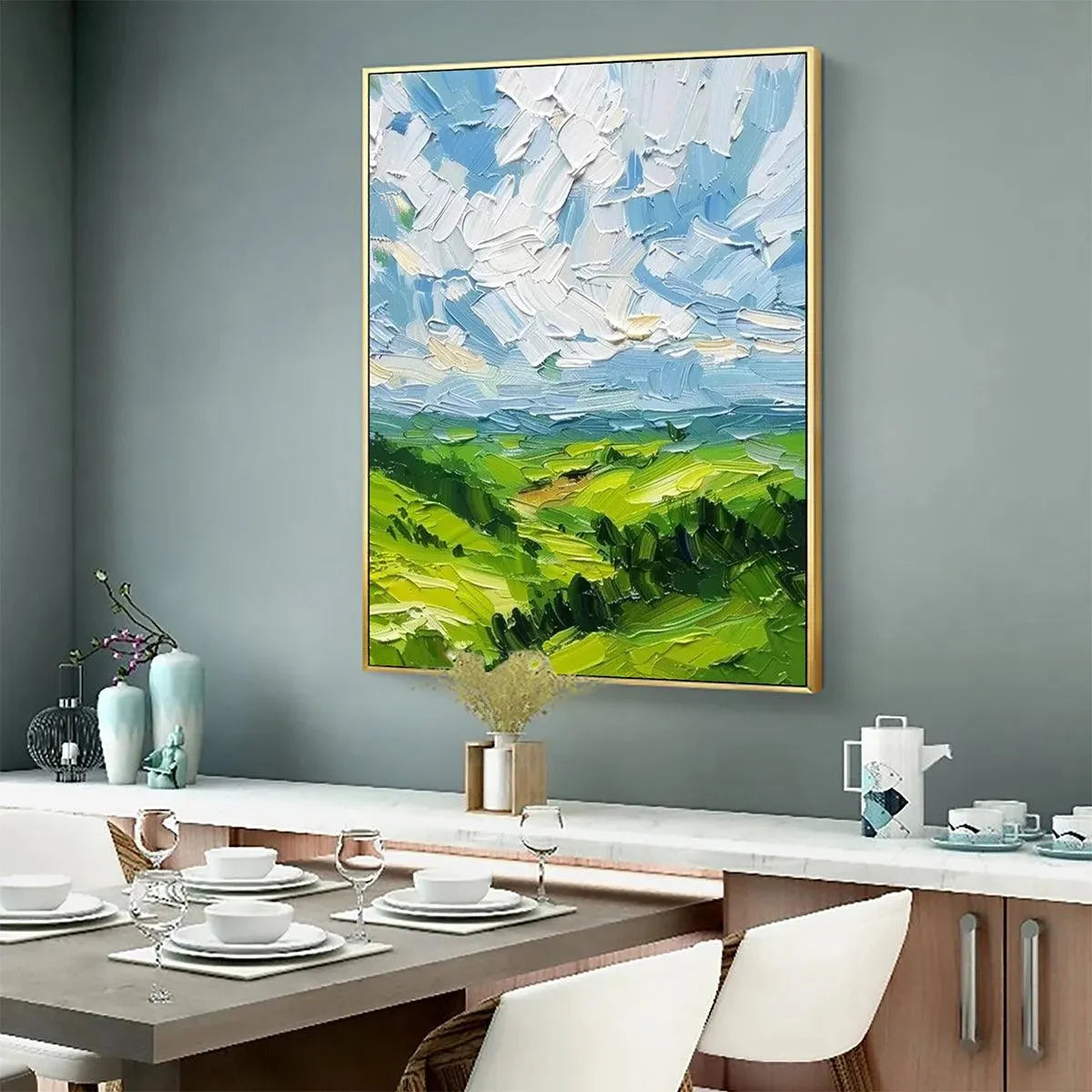 Green Valley Vista: Textured Landscape Painting | Impasto Wall Art