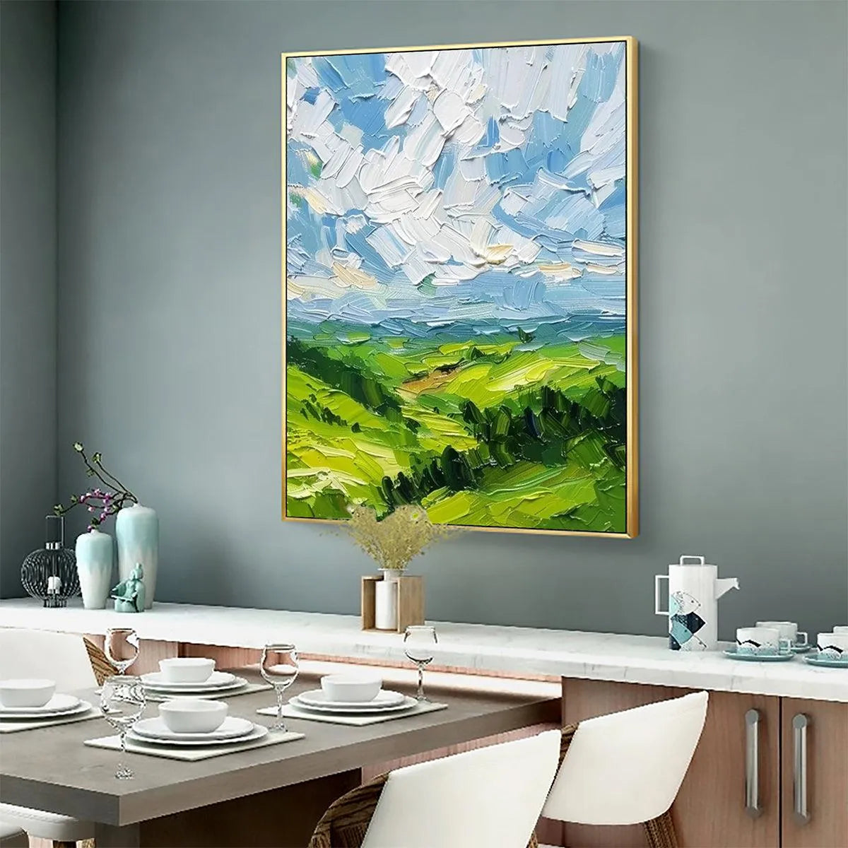 GREEN VALLEY VISTA: Textured Landscape Painting, Impasto Wall Art, Vertical Canvas, Nature Decor