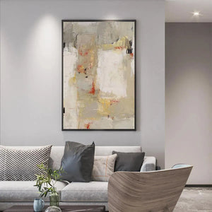 Vertical minimalist art, Neutral Abstraction by Javier Ramirez. Neutral tones and textured brushstrokes for modern home decor.