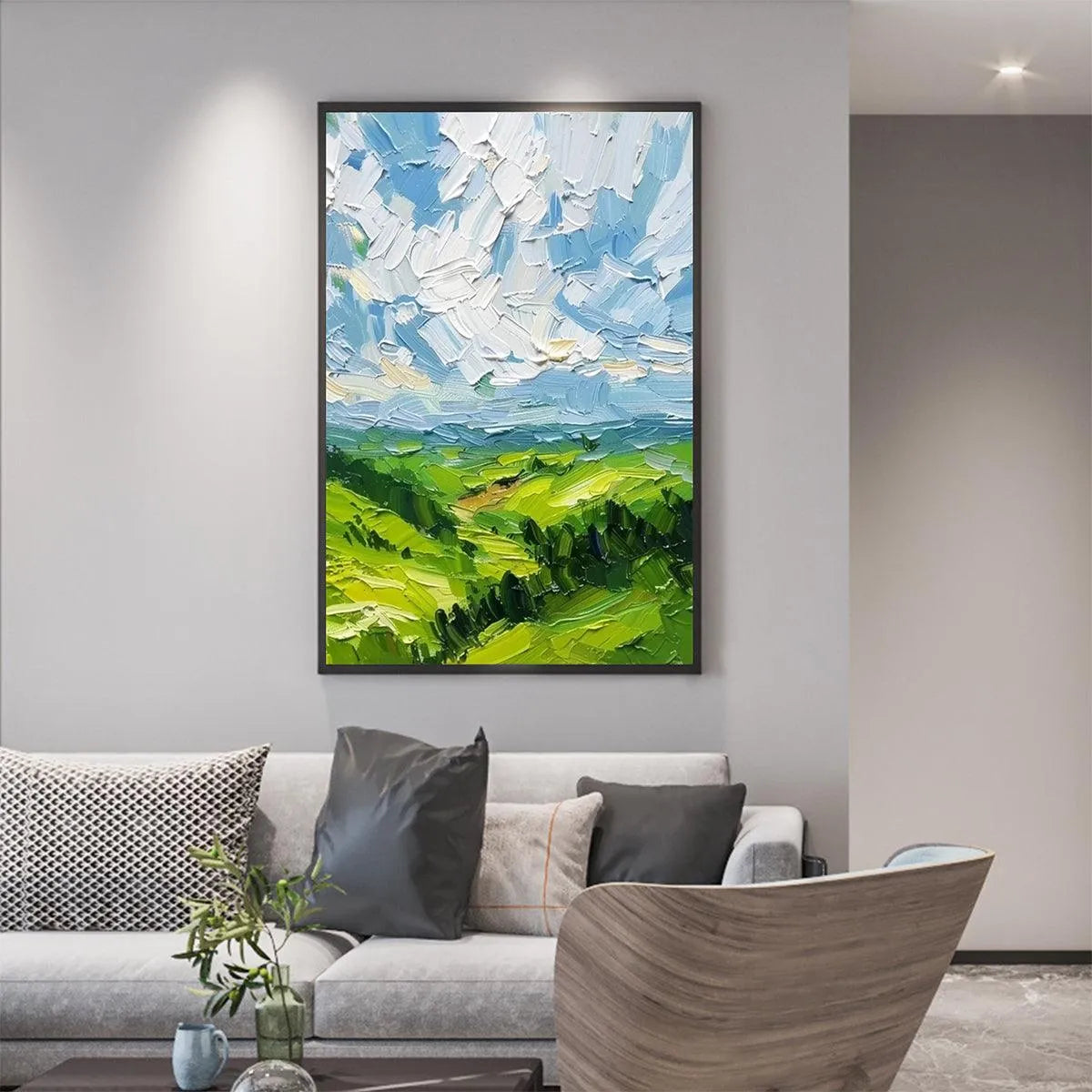 GREEN VALLEY VISTA: Textured Landscape Painting, Impasto Wall Art, Vertical Canvas, Nature Decor