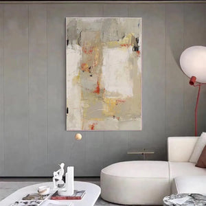 Javier Ramirez minimalist abstract painting in neutral tones, vertical wall art for modern decor.