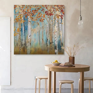 Golden Autumn Forest painting, square wall art with gold leaf, displayed in a modern dining room setting