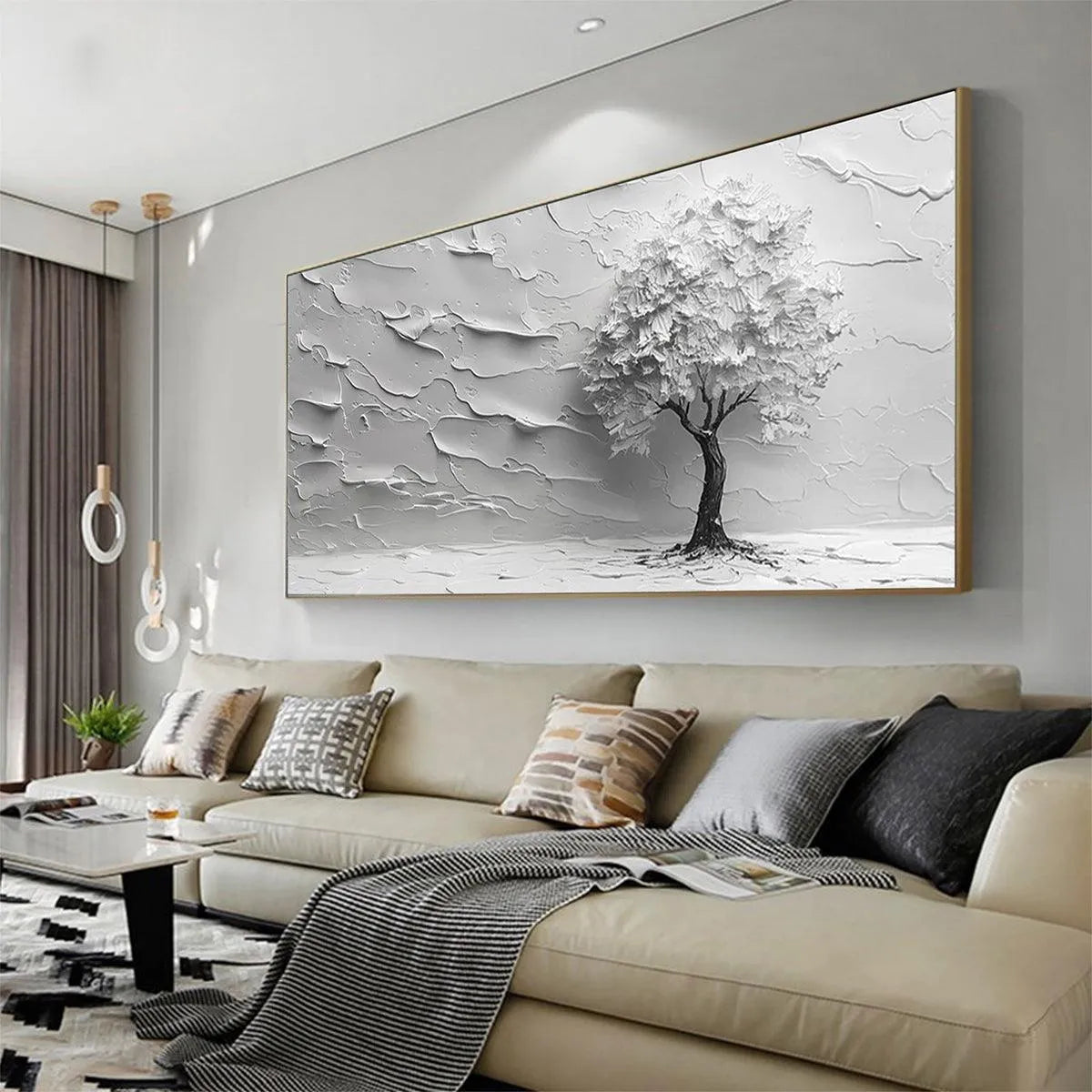 SERENE TREE: Textured 3D Tree Painting, White Impasto Wall Art, Panoramic Canvas, Minimalist Decor