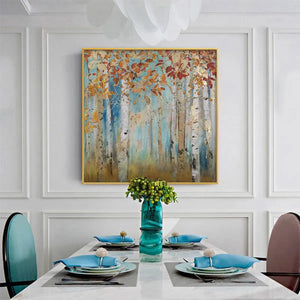 Golden Autumn Forest painting, square wall art with gold leaf, displayed in a modern dining room.