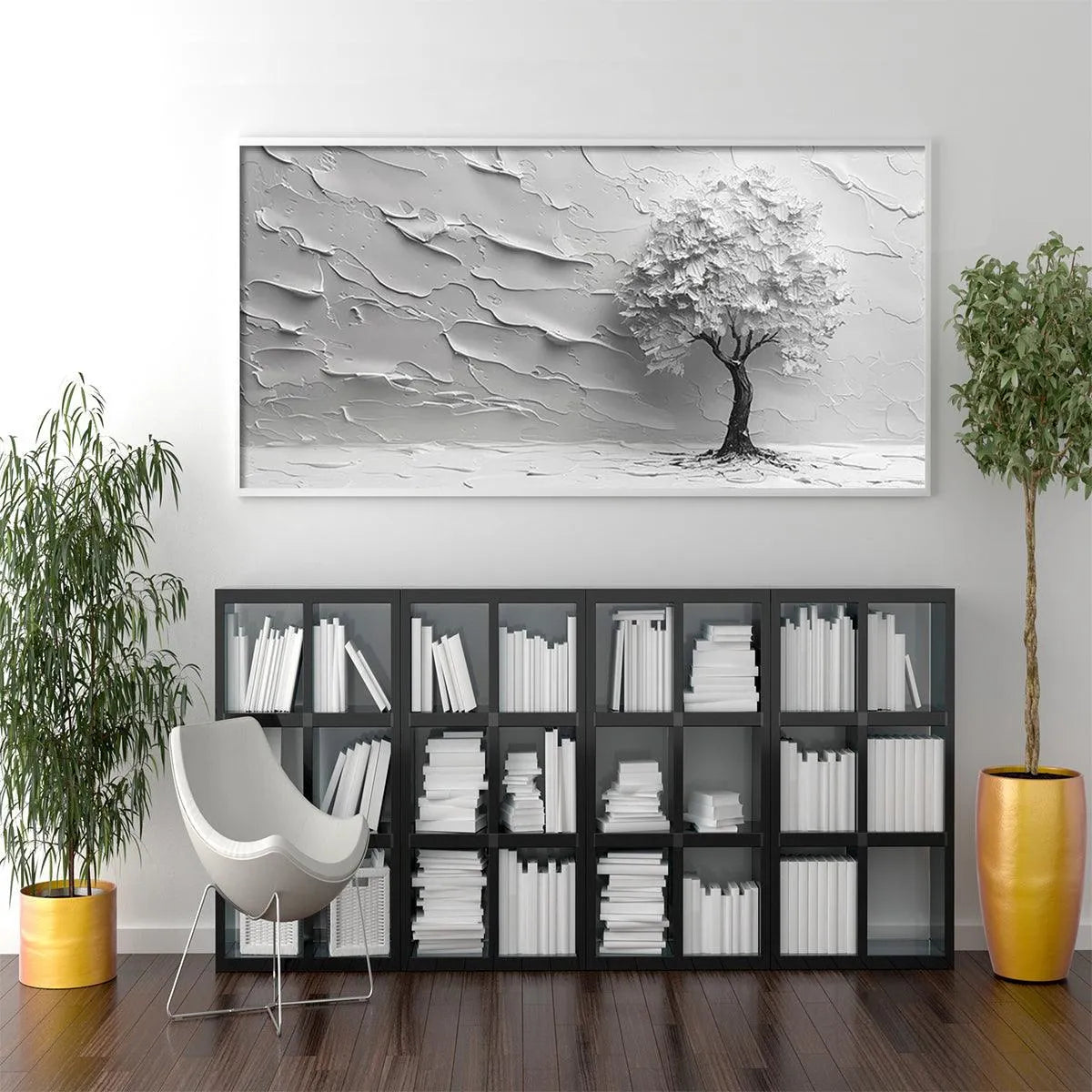 SERENE TREE: Textured 3D Tree Painting, White Impasto Wall Art, Panoramic Canvas, Minimalist Decor