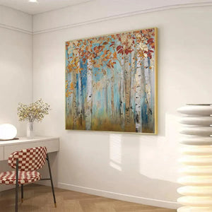 Golden Autumn Forest painting, square wall art by Liam O'Connell. Textured forest scene with gold leaf accents.