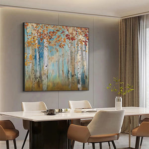 Liam O'Connell Golden Autumn Forest painting, square wall art with gold leaf. Autumn forest scene.