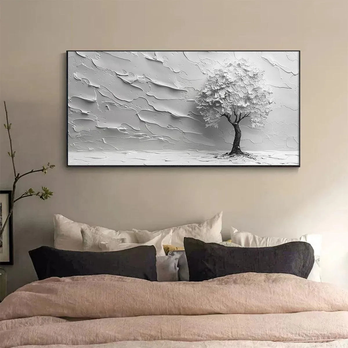 SERENE TREE: Textured 3D Tree Painting, White Impasto Wall Art, Panoramic Canvas, Minimalist Decor