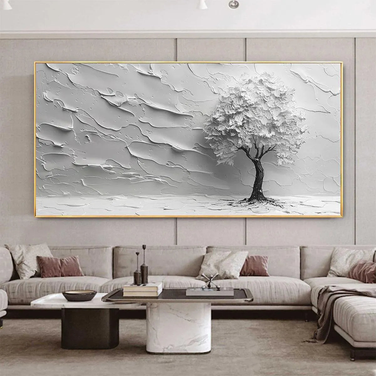 SERENE TREE: Textured 3D Tree Painting, White Impasto Wall Art, Panoramic Canvas, Minimalist Decor