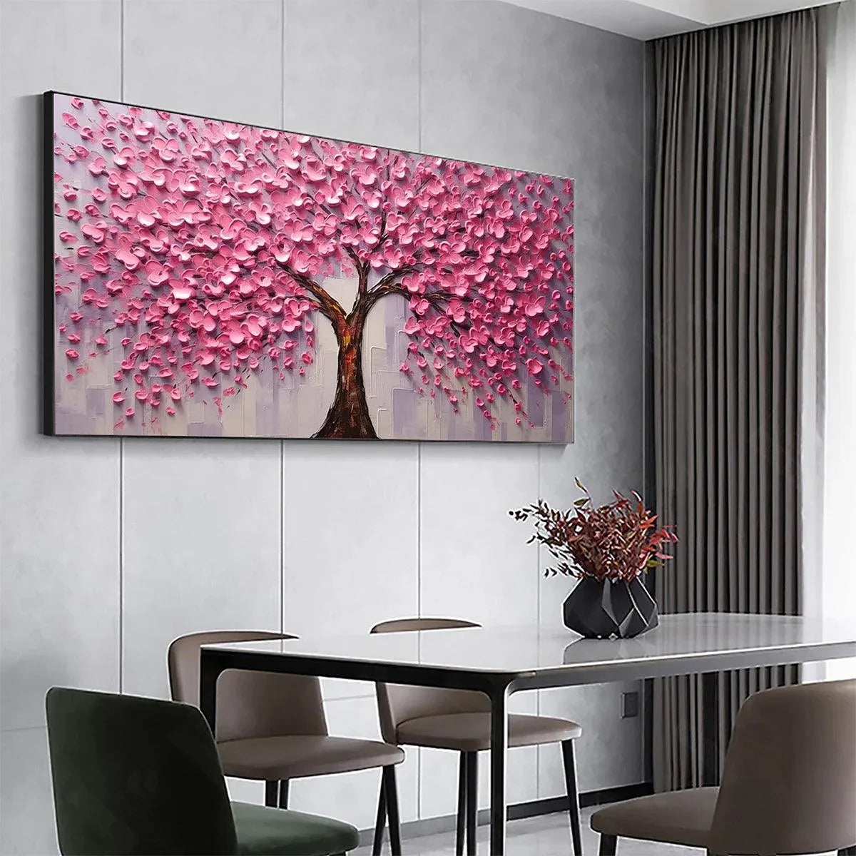 PINK BLOSSOM ABUNDANCE: Textured Impasto Cherry Blossom Tree Painting, Horizontal Wall Art