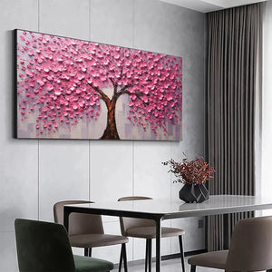 Pink Blossom Abundance painting by Elodie Dubois: Textured cherry blossom, horizontal wall art, pink impasto petals, grey.