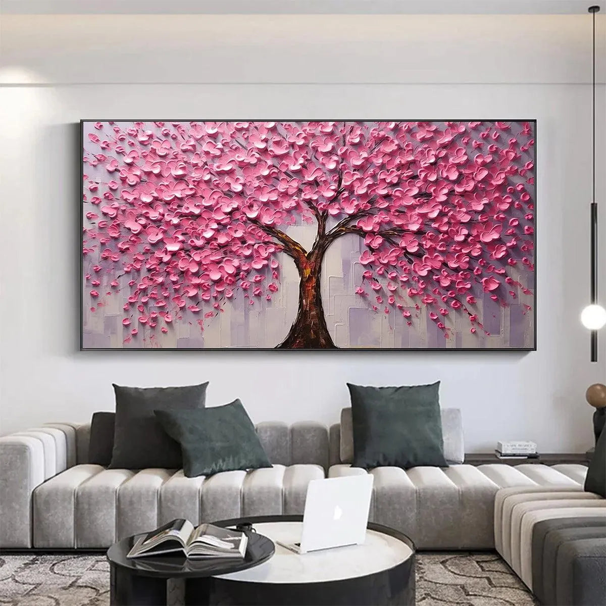 PINK BLOSSOM ABUNDANCE: Textured Impasto Cherry Blossom Tree Painting, Horizontal Wall Art