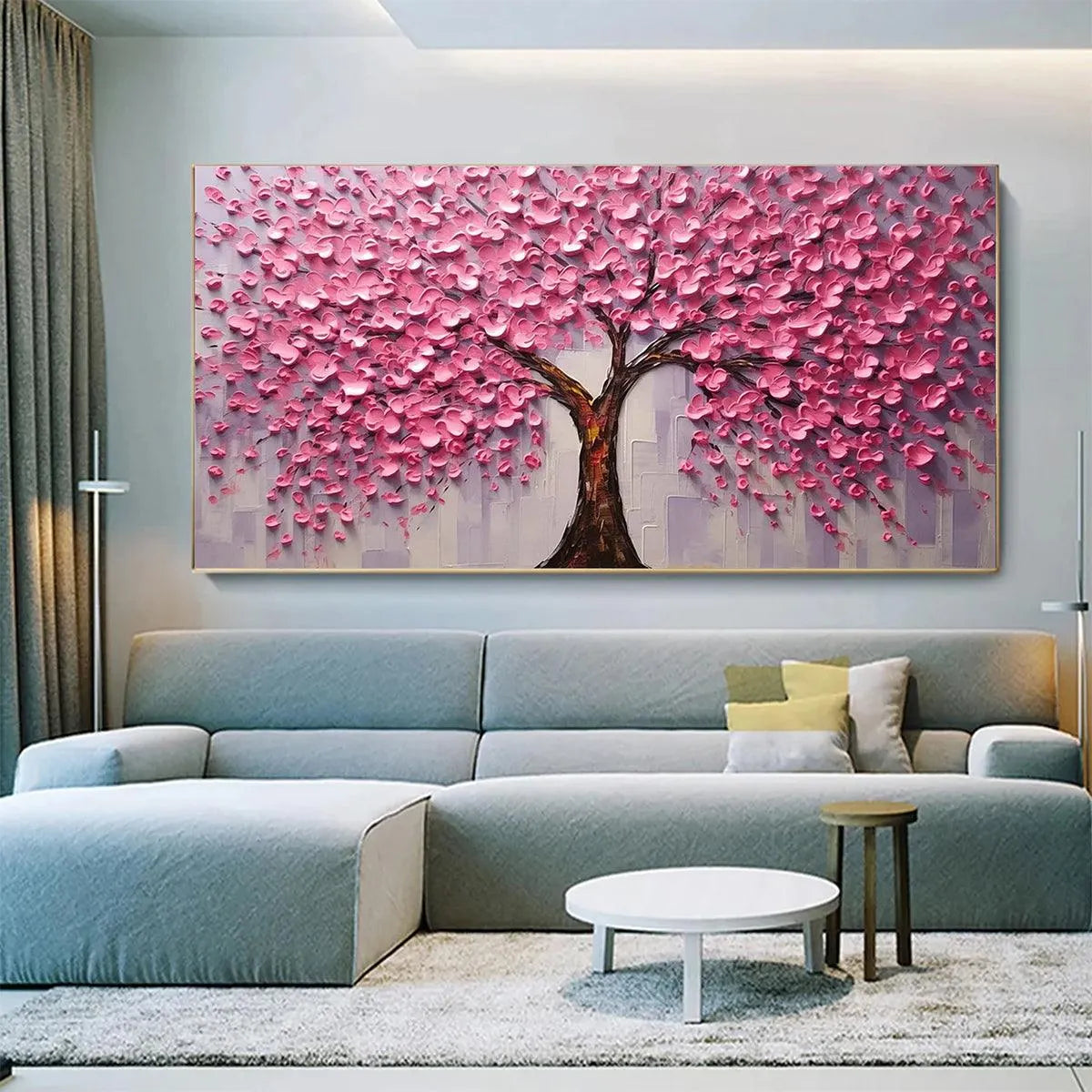 PINK BLOSSOM ABUNDANCE: Textured Impasto Cherry Blossom Tree Painting, Horizontal Wall Art