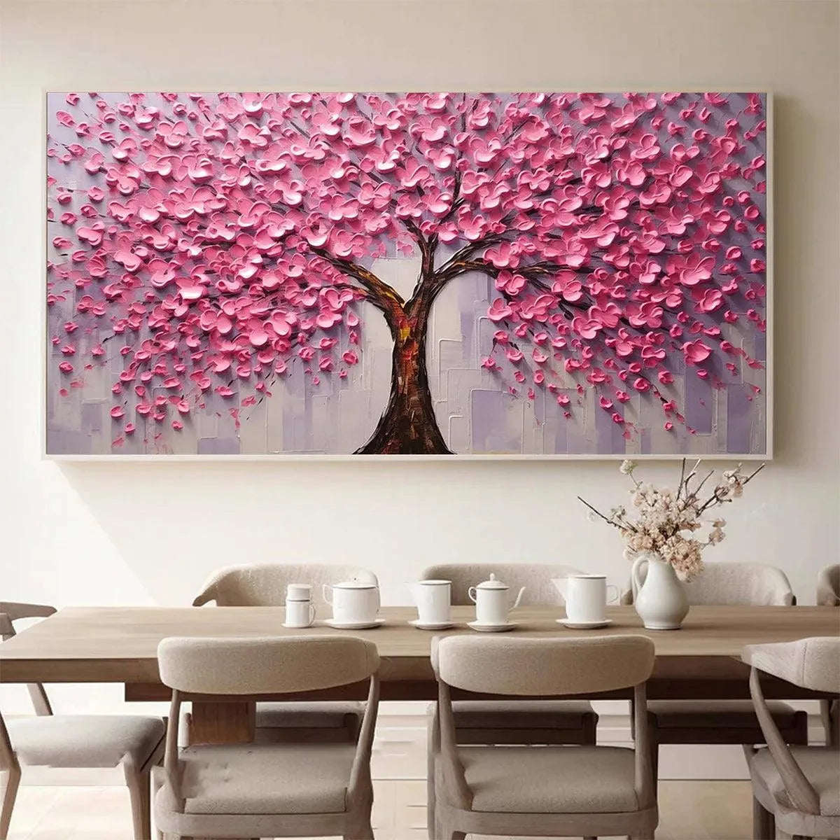 PINK BLOSSOM ABUNDANCE: Textured Impasto Cherry Blossom Tree Painting, Horizontal Wall Art