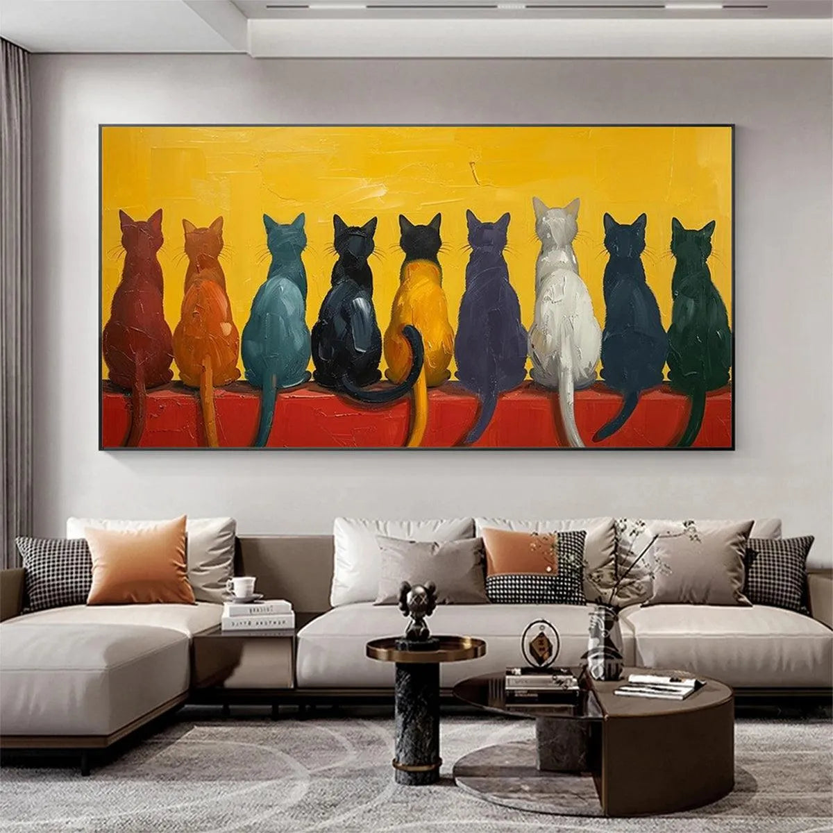 CATS IN A ROW: Whimsical Cat Painting, Textured Wall Art, Panoramic Canvas, Pet Decor