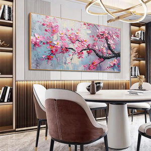 Springtime Serenade painting by Elodie Dubois, textured pink cherry blossom art, framed horizontal wall art for modern decor.