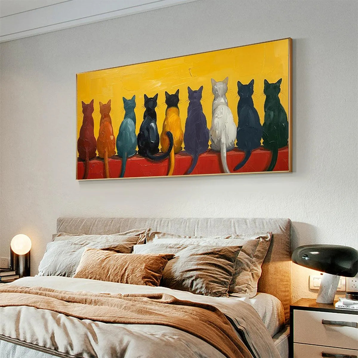 CATS IN A ROW: Whimsical Cat Painting, Textured Wall Art, Panoramic Canvas, Pet Decor