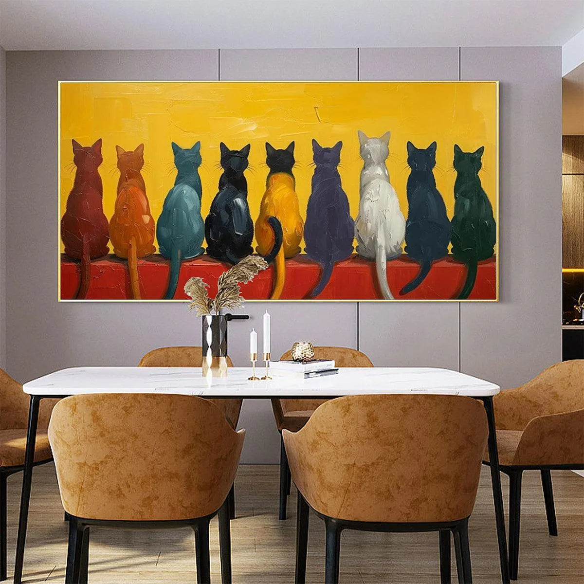 CATS IN A ROW: Whimsical Cat Painting, Textured Wall Art, Panoramic Canvas, Pet Decor