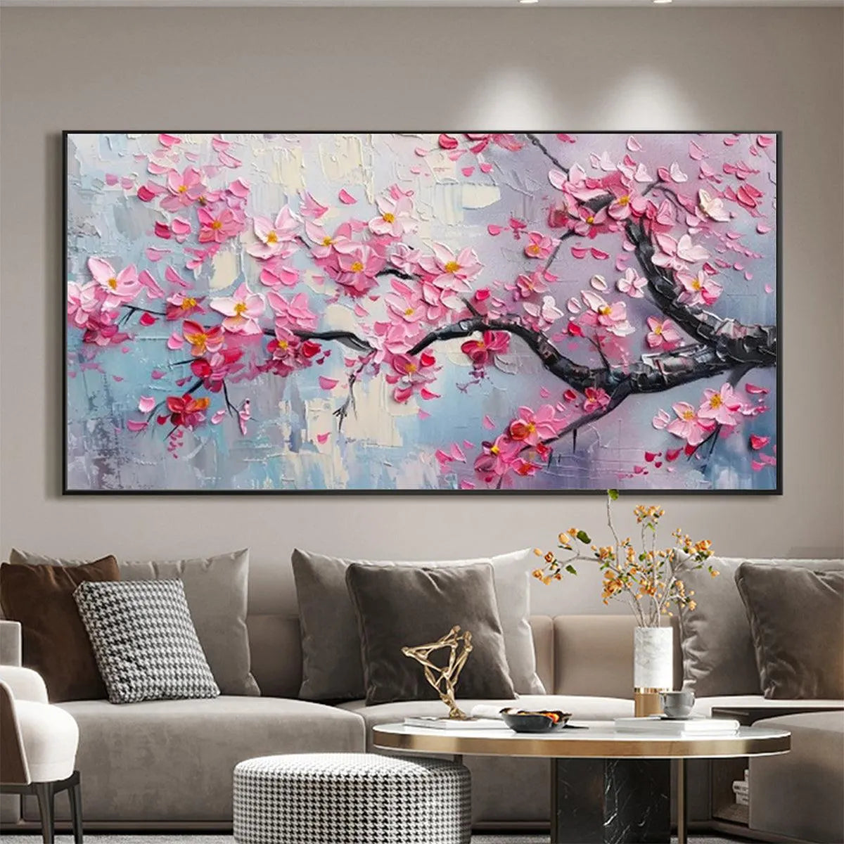 SPRINGTIME SERENADE: Textured Cherry Blossom Painting, Horizontal Wall Art