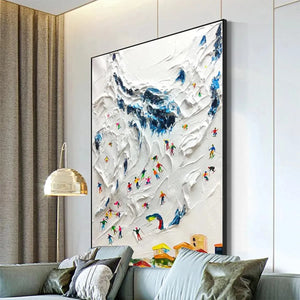 Alpine Ski Day art by Chak Yu Lam: Textured ski scene with colorful skiers on snowy mountain slope, vertical wall art.