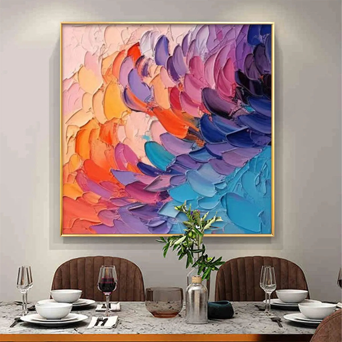 RAINBOW WAVES: Textured Abstract Painting, Impasto Wall Art, Square Canvas, Modern Decor