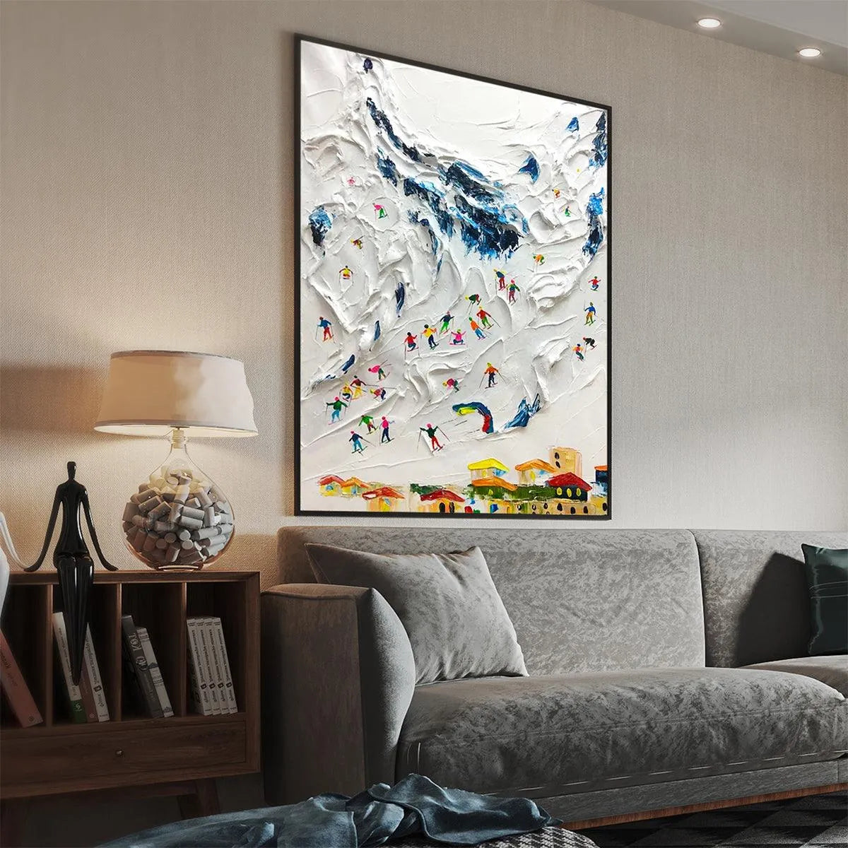 ALPINE SKI DAY: Textured Ski Scene Painting, Vertical Wall Art