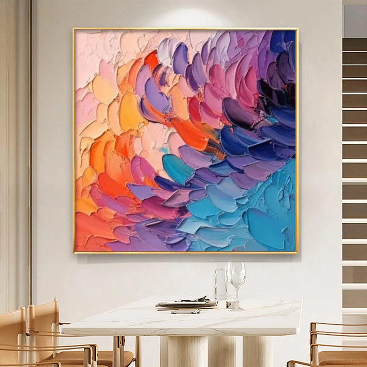 RAINBOW WAVES: Textured Abstract Painting, Impasto Wall Art, Square Canvas, Modern Decor