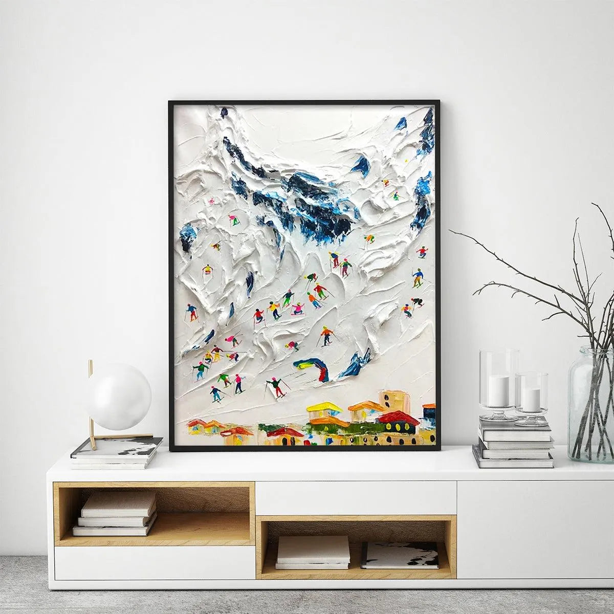 ALPINE SKI DAY: Textured Ski Scene Painting, Vertical Wall Art