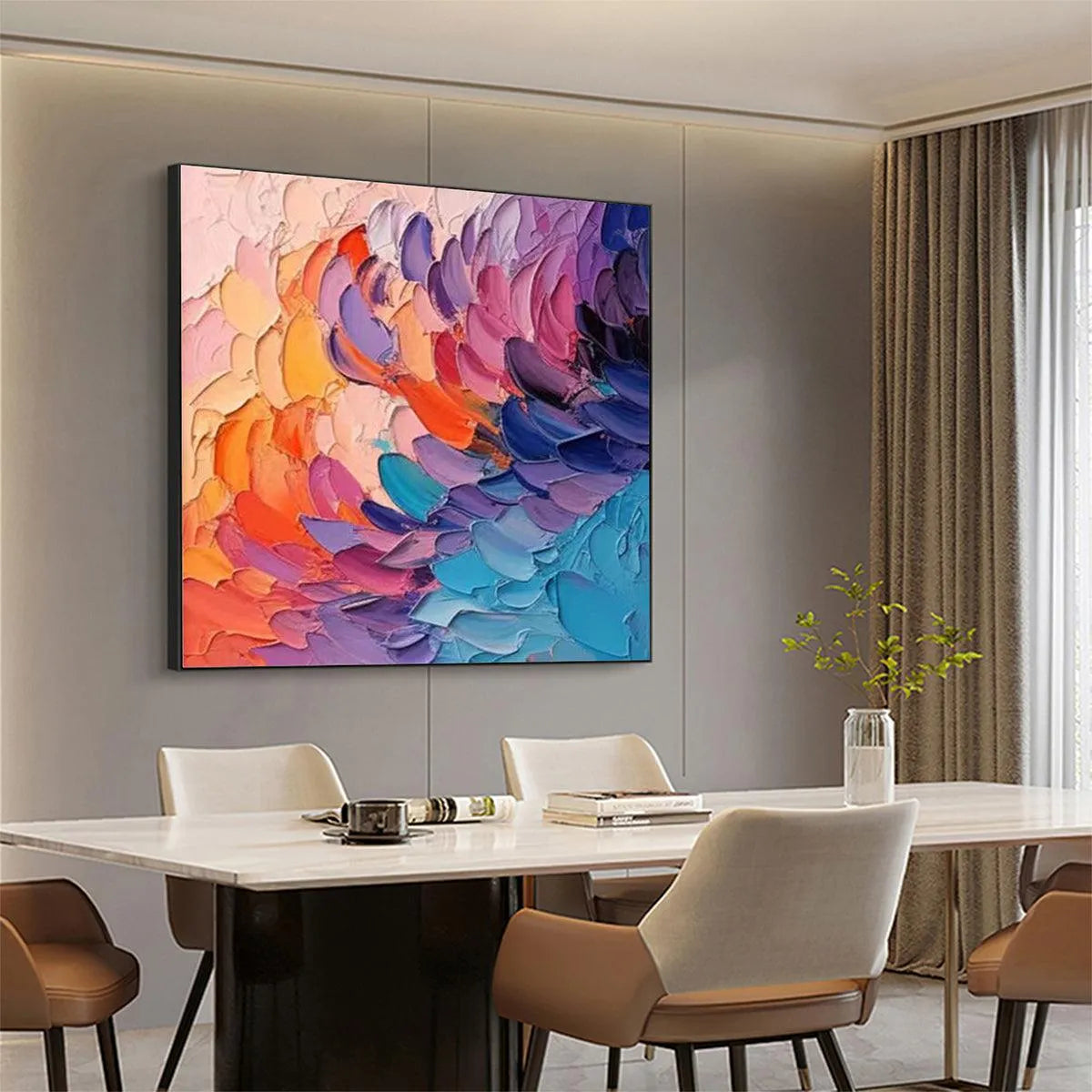 RAINBOW WAVES: Textured Abstract Painting, Impasto Wall Art, Square Canvas, Modern Decor