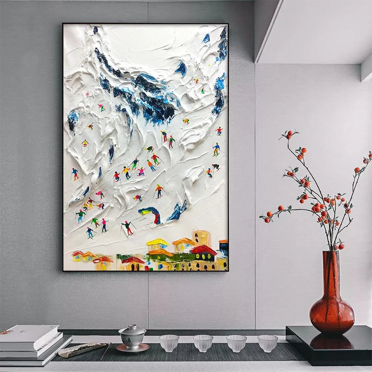 ALPINE SKI DAY: Textured Ski Scene Painting, Vertical Wall Art