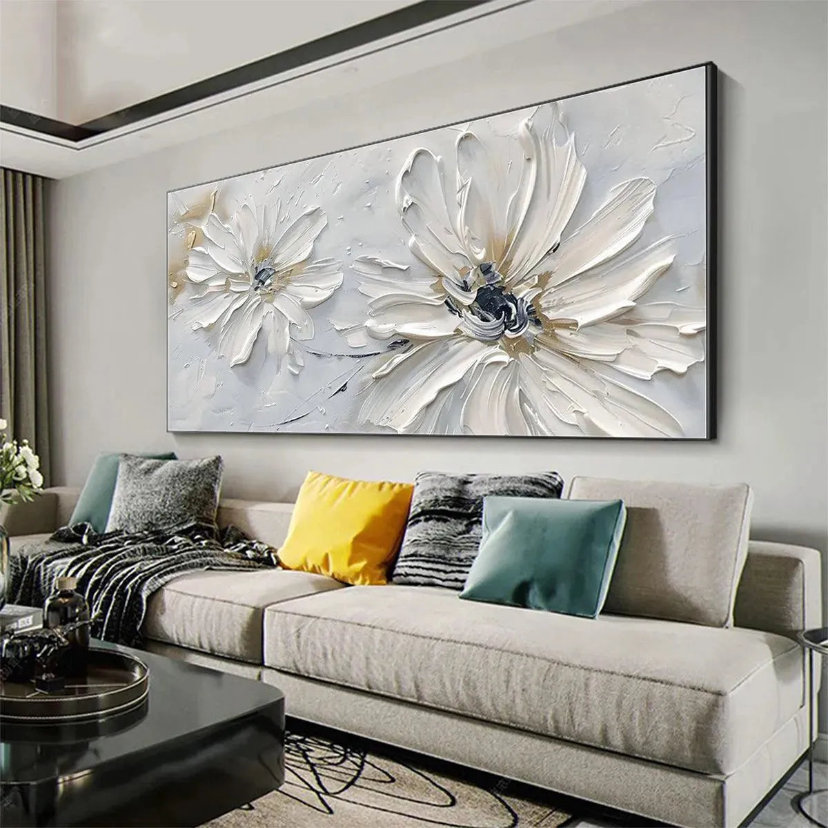 White Blossom Serenity | Textured Floral Art | Horizontal