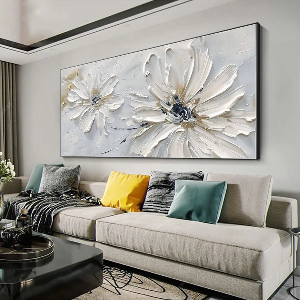 WHITE BLOSSOM SERENITY: Textured White Floral Painting, Horizontal Wall Art