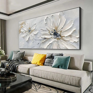 White Blossom Serenity by Elodie Dubois, textured white floral painting, horizontal wall art, modern home decor