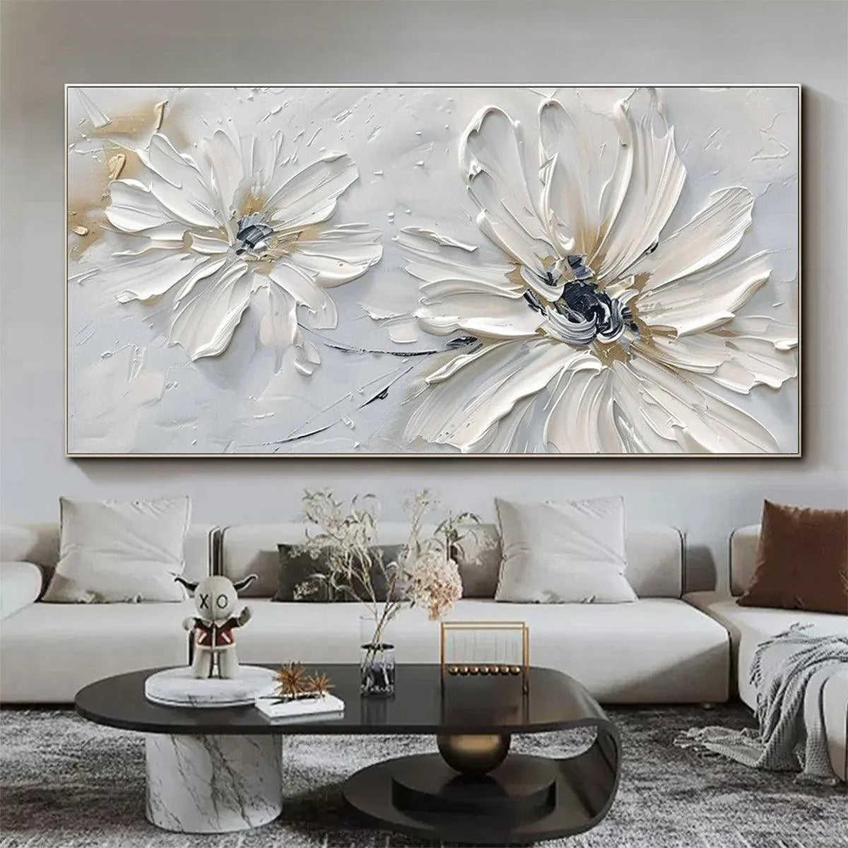 WHITE BLOSSOM SERENITY: Textured White Floral Painting, Horizontal Wall Art