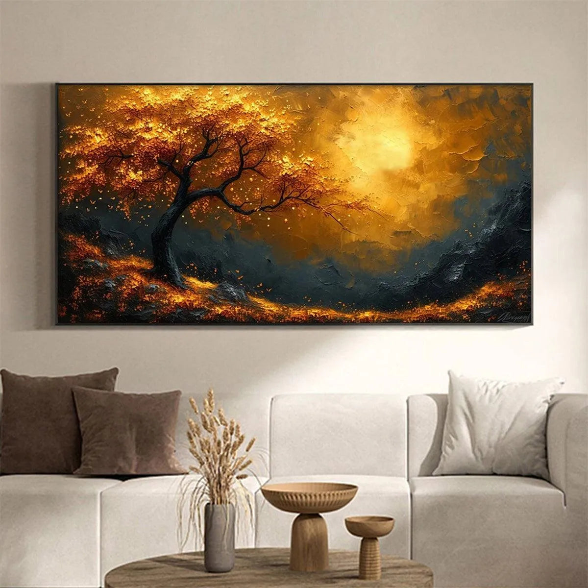 GOLDEN HOUR: Textured Tree Painting, Impasto Wall Art, Panoramic Canvas, Landscape Decor