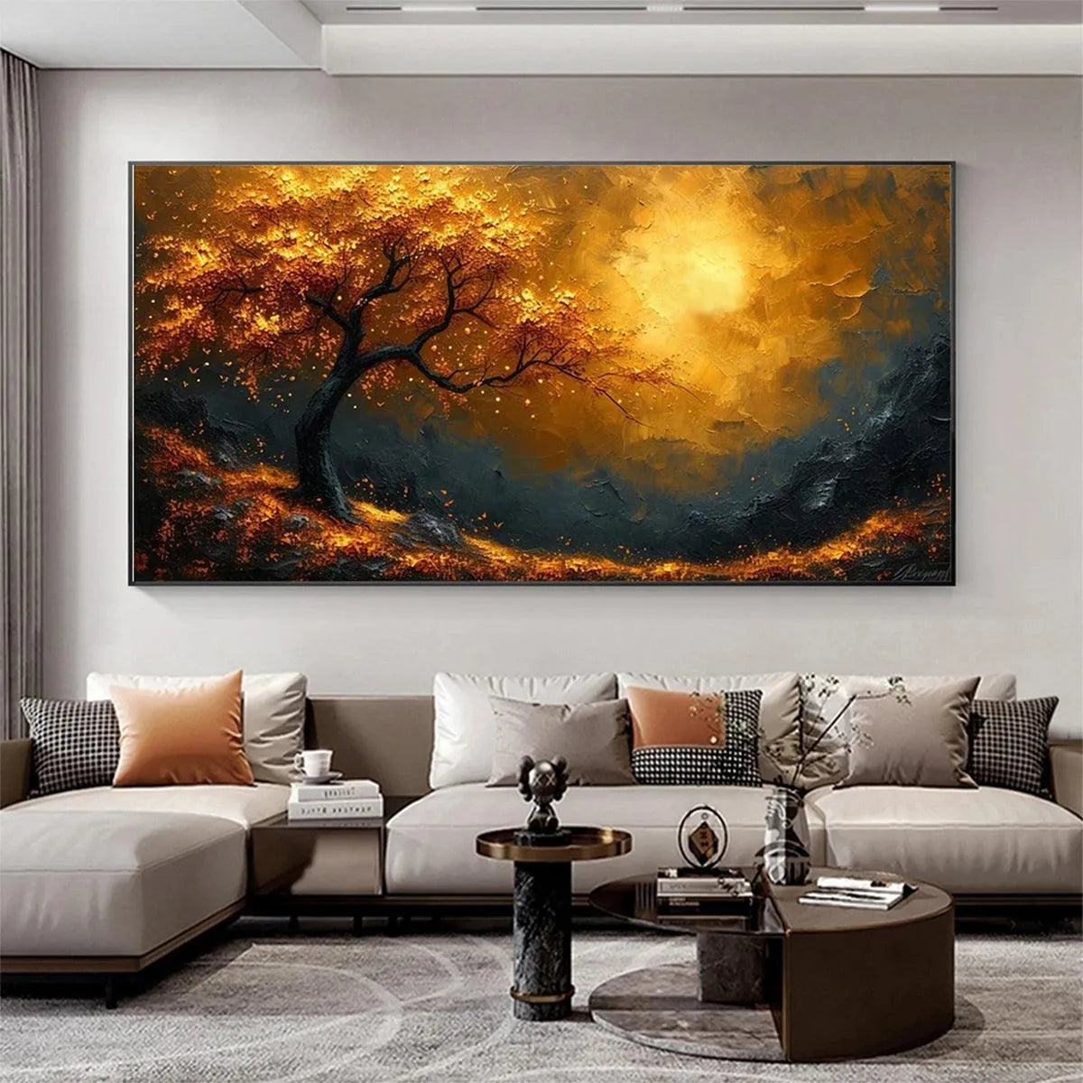 GOLDEN HOUR: Textured Tree Painting, Impasto Wall Art, Panoramic Canvas, Landscape Decor