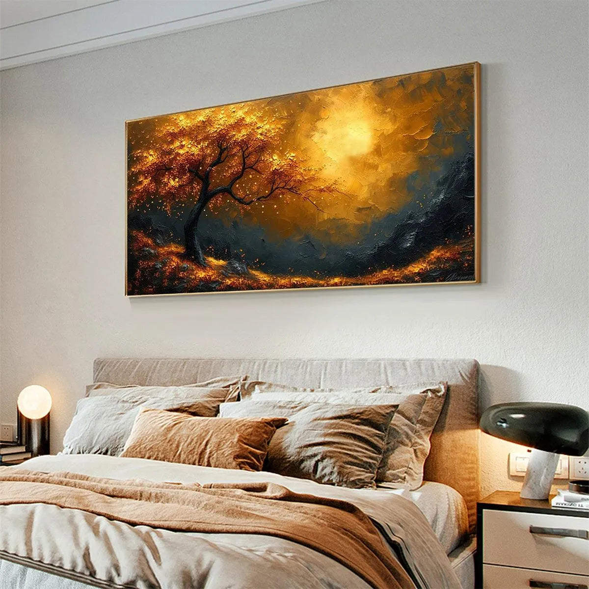 GOLDEN HOUR: Textured Tree Painting, Impasto Wall Art, Panoramic Canvas, Landscape Decor