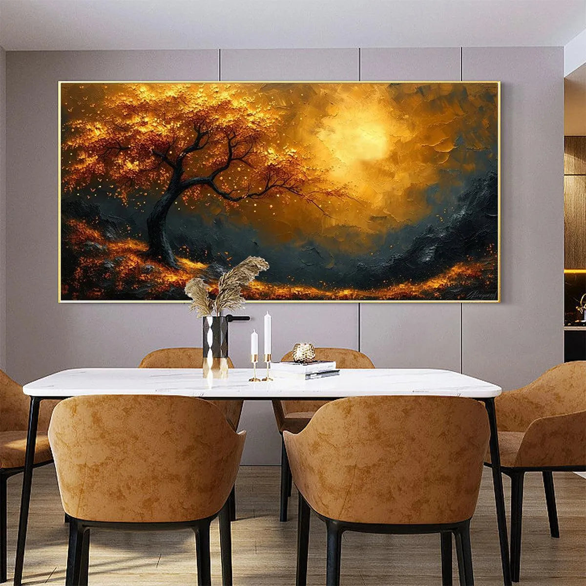 GOLDEN HOUR: Textured Tree Painting, Impasto Wall Art, Panoramic Canvas, Landscape Decor