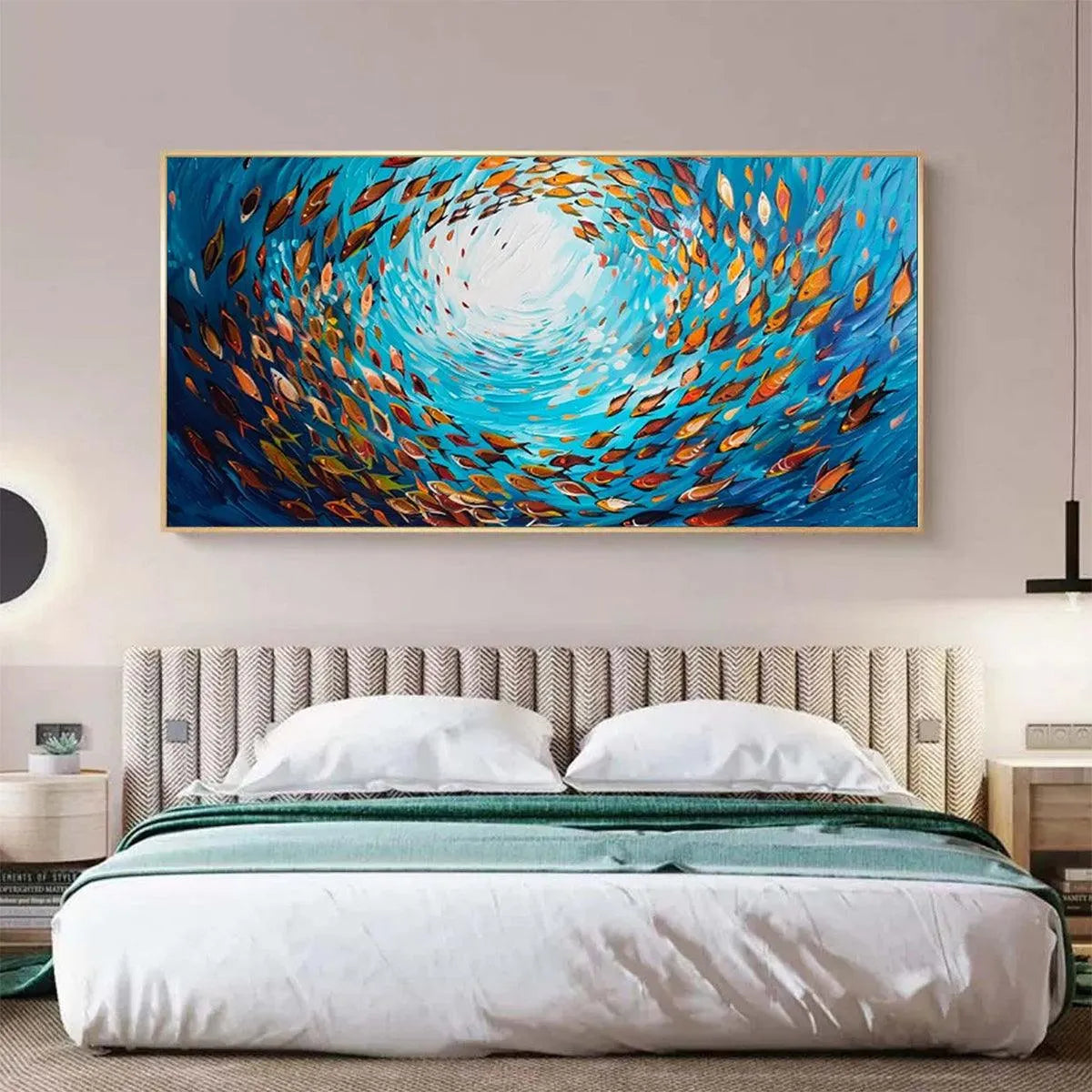 OCEANIC WHIRL: Dynamic School of Fish Painting, Horizontal Wall Art