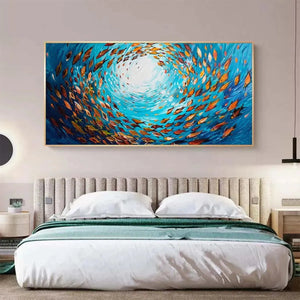 OCEANIC WHIRL painting by Chak Yu Lam, swirling school of fish, blue and orange artwork, framed wall art.