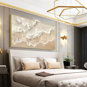 Sandy Whispers beach waves painting by Liam O'Connell, framed horizontal wall art, beige and white bedroom decor.