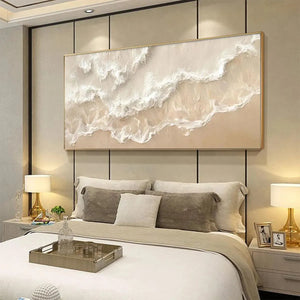 Sandy Whispers minimalist beach waves painting, horizontal wall art, bedroom decor, beige and white, Liam O'Connell artwork.