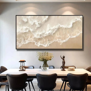 Sandy Whispers minimalist beach waves painting by Liam O'Connell. Horizontal framed wall art, beige and white tones.