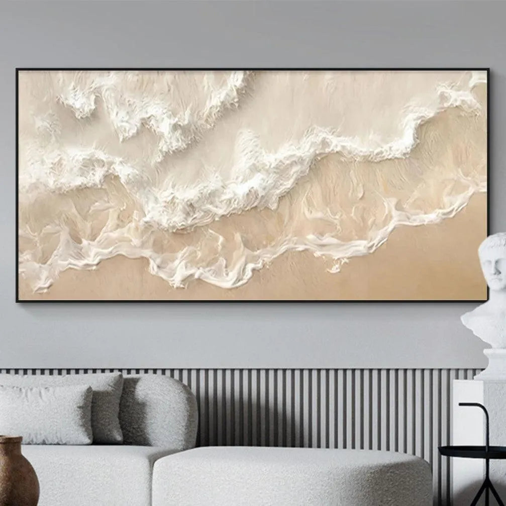 SANDY WHISPERS: Minimalist Beach Waves Painting, Horizontal Wall Art