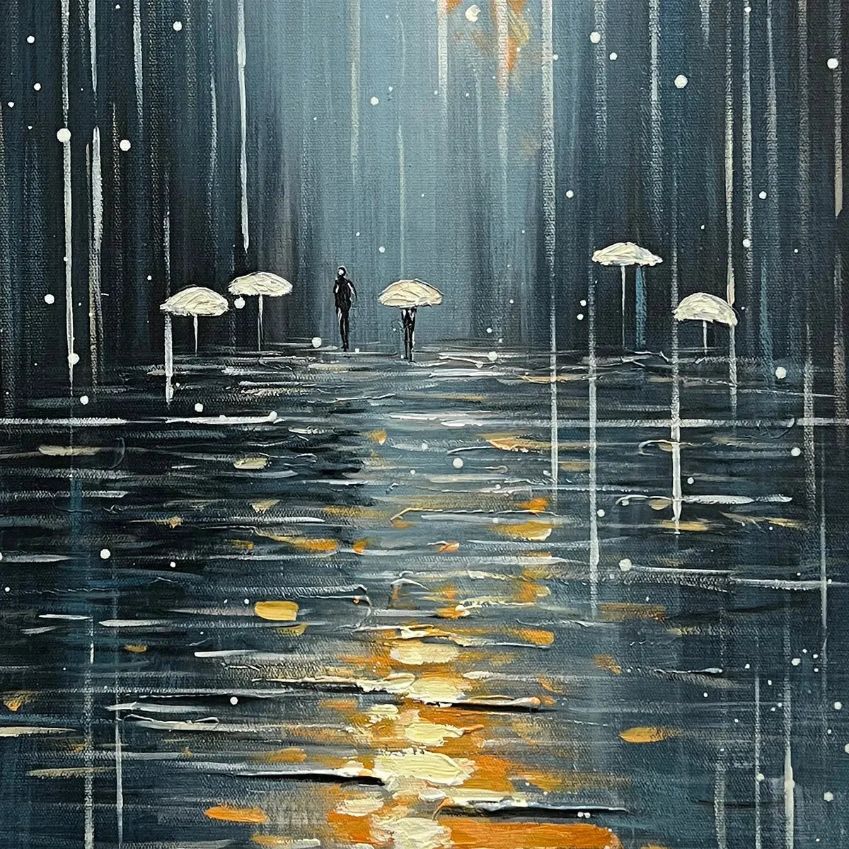 RAINY DAY REFLECTIONS: Vertical Painting of a Rainy City Street, Minimalist Figures, Modern Wall Art, Blue and Gold